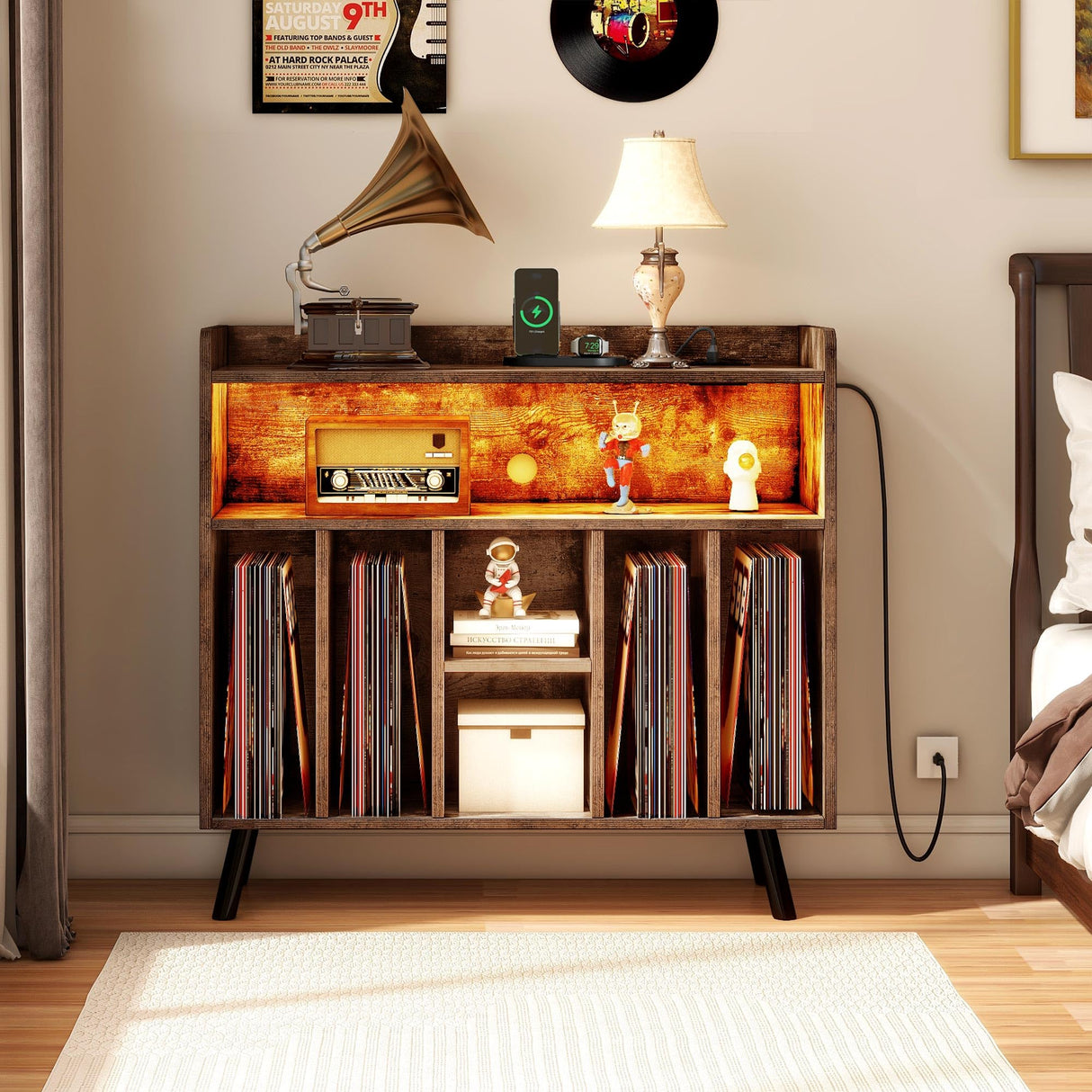 DWVO Large Record Player Stand, Turntable with Power Outlets & LED Lights, Vinyl Record Player Table with Album Storage, Turntable Stand with Record Storage Shelf for Living Room, Brown DWVO