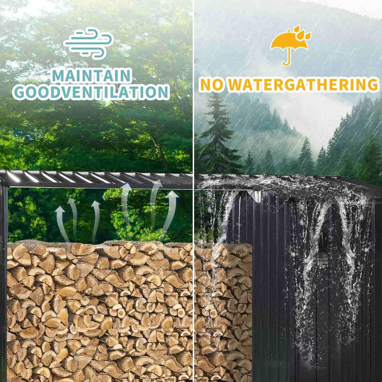 FRITHJILL Outdoor Steel Firewood Rack with Storage Shed, Waterproof Metal Log Holder & Garden Tool Storage, Perfect for Backyard, Wood Stove Supply, Two-In-One Design with Sloping Roof FRITHJILL