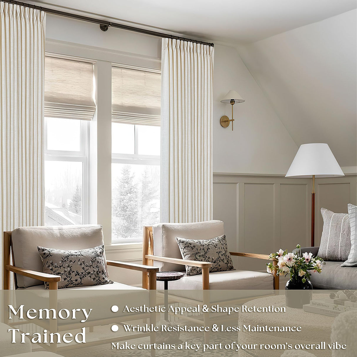 Pinch Pleated Linen Curtains 108 Inches long for Living Room 2 Panels Set Cream Ivory Flax Double Pleated Drapes Back Tab Neutral Boho Ceiling Floor 108 Inch Window Curtains Bedroom Natural Birch TWODRAPES