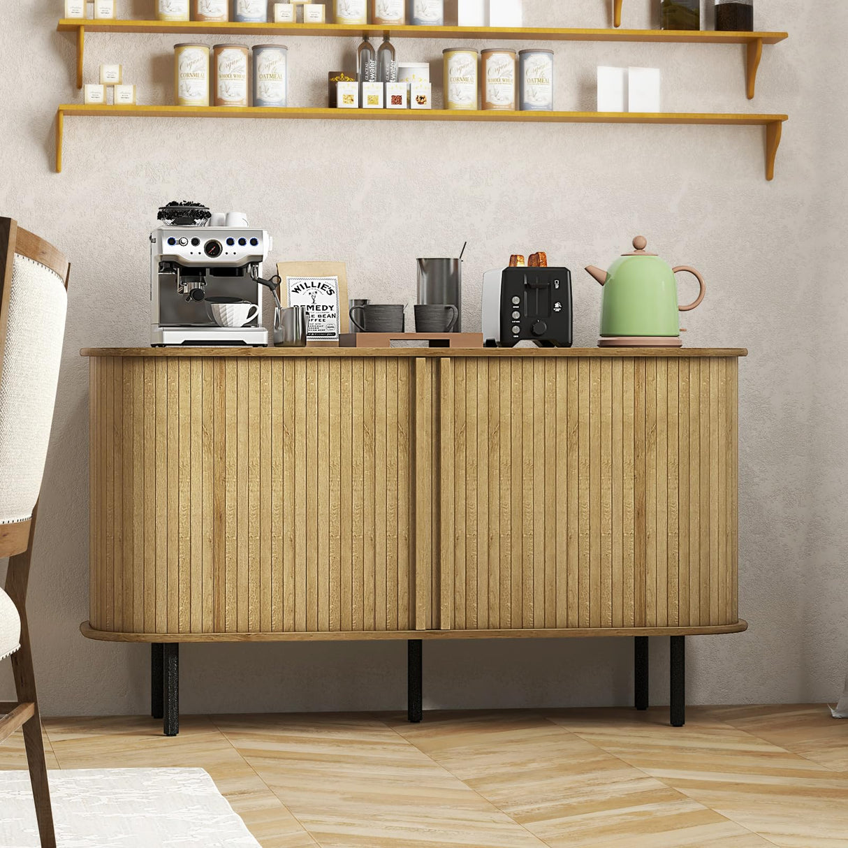 LOKO Kitchen Sideboard Buffet Cabinet, Credenza Storage Cabinet with Sliding Tambour Doors, Adjustable Shelves, Mid Century Modern Console Table for Living Room, Entryway LOKO