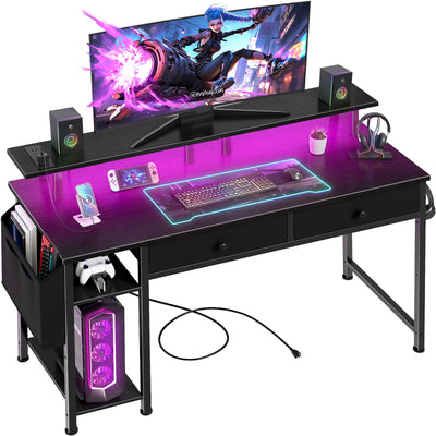 Black Computer Desk with Shelves and Drawers - 47 Inch Home Office Desk with Drawers and Shelves, Small Black Desk with Shelves, Computer Desk with Monitor Stand, RGB Gaming Desk with Power Outlet