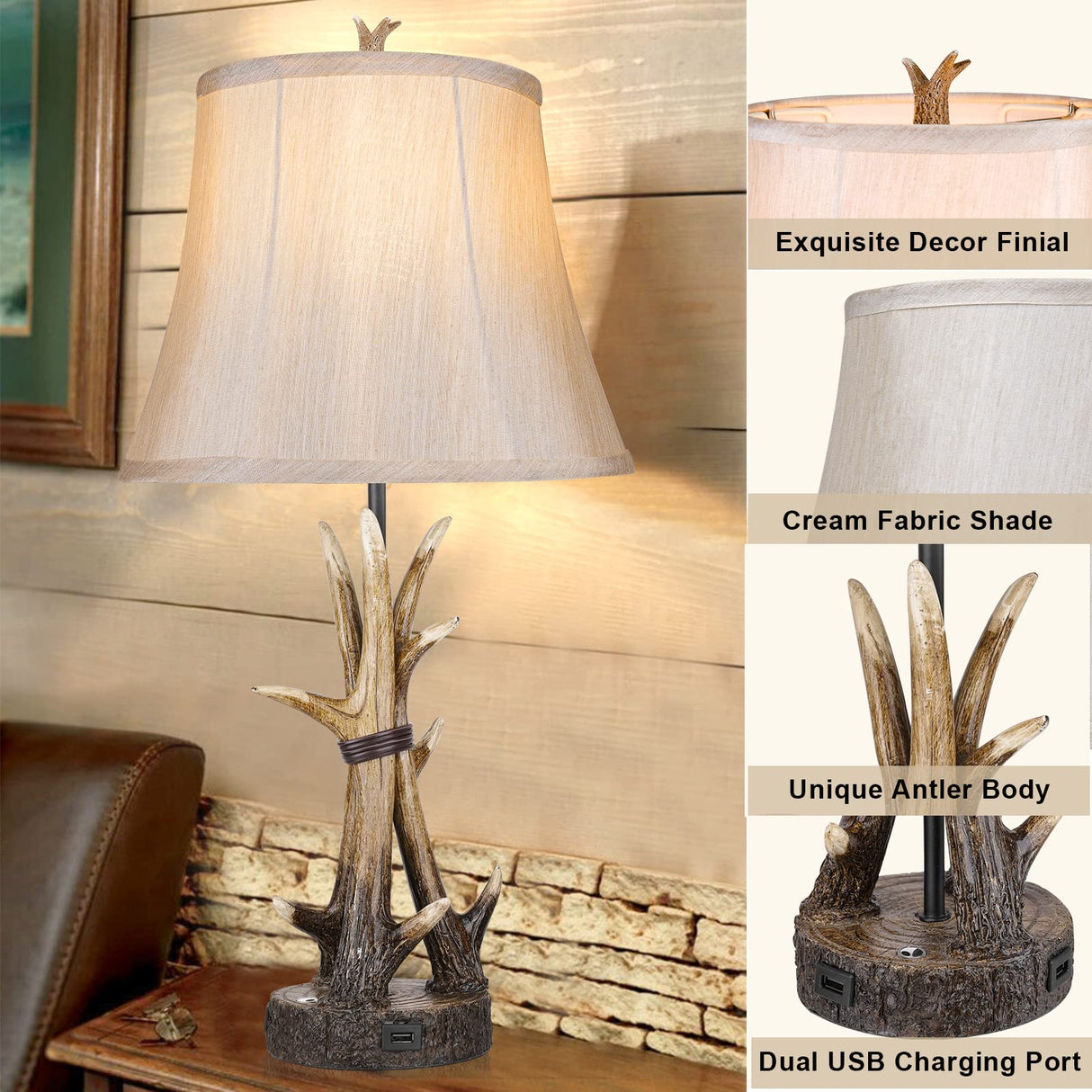 Rustic Table Lamps for Living Room Set of 2, Farmhouse Antler Western Bedside Lamp for Bedroom with 2 USB Charging Port, 3-Way Dimmable Resin Nightstand Lamps with Shade Decor, LED Bulbs Included Hamucd