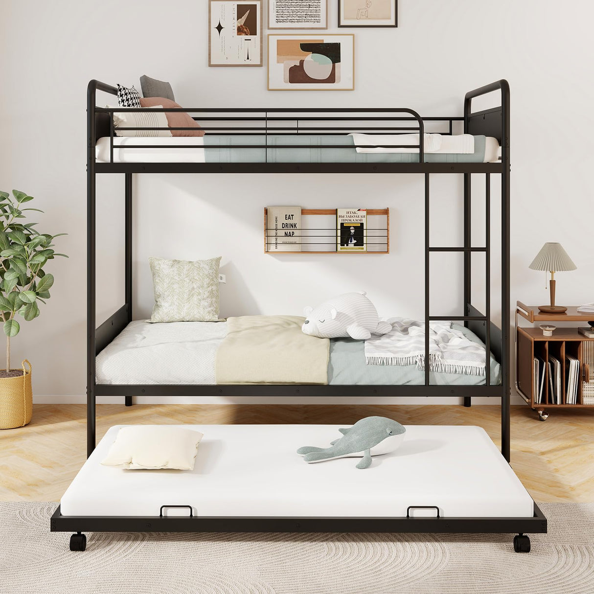 KOMFOTT Metal Twin Over Twin Bunk Bed with Trundle, Industrial Bunk Bed Frame with Ladder, Full-Length Guardrail, Vintage Headboard & Footboard, Noise Free, No Box Spring Needed Bunk Bed KOMFOTT