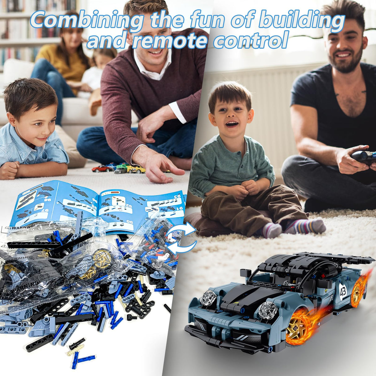 STEM Building Toys for Kids, Educational Building Blocks, Remote & APP Controlled 2in1 RC Car/Construction Robot STEM Kit, Science Learning Car Building Sets for Boys Girls 8-16 Old (Dark Blue) DIEBA