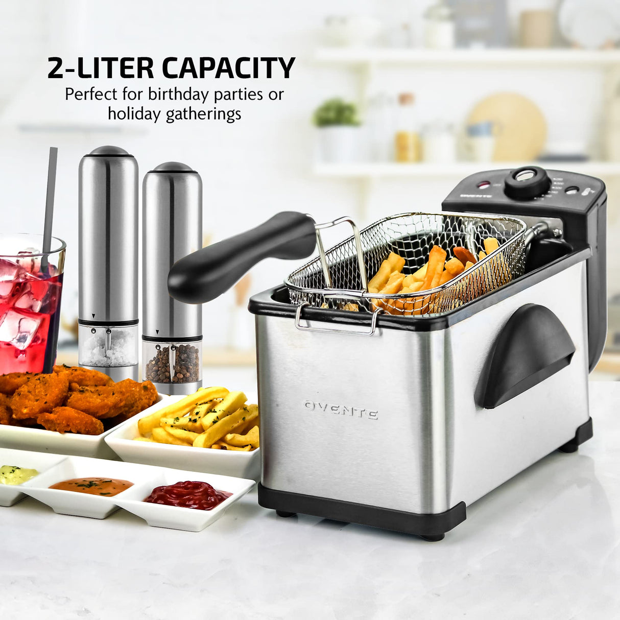 OVENTE Electric Deep Fryer 2 Liter Capacity, 1500 Watt Lid with Viewing Window and Odor Filter, Adjustable Temperature, Removable Frying Basket and Easy to Clean Stainless Steel Body, Silver FDM2201BR OVENTE