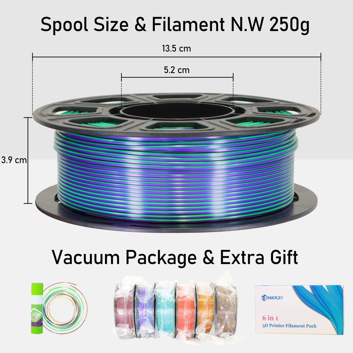 MIKA3D 6 Spools Bicolor Dual Color 1.75mm 3D Printer Filament Bundle, 3D Printing Silk PLA, Silk Red-Gold/Red-Black/Black-Orange/Gold-Copper/Lime Green-Blue/Green-Purple, 3D Silk PLA 250g X 6 Spools MIKA3D