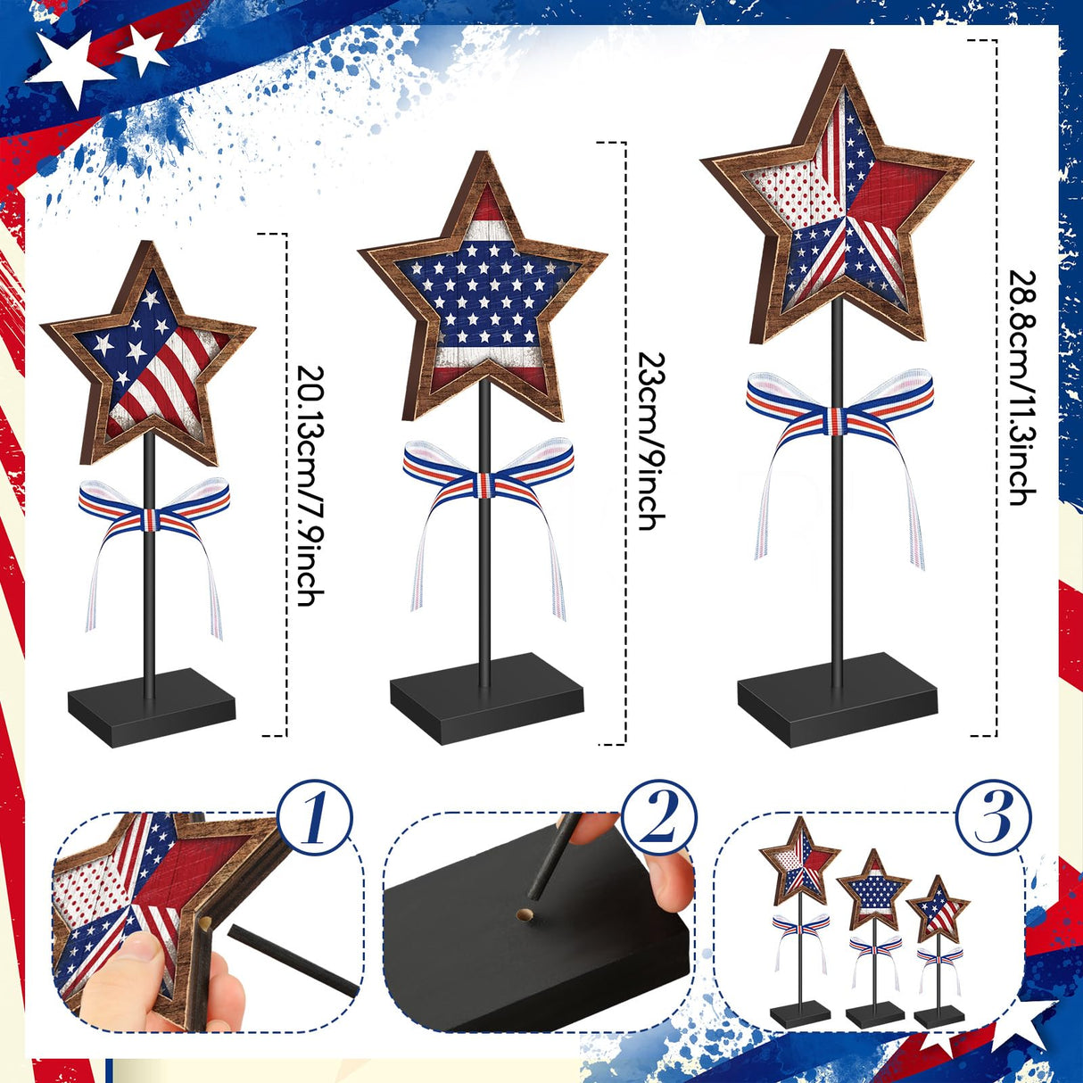 Yinkin 3 Pcs 4th of July Patriotic Table Decorations Rustic Standing Star Block Wooden Star Centerpieces for Tables Memorial Day Decorations Independence Day Tiered Tray Decor (American Flag Style) Yinkin