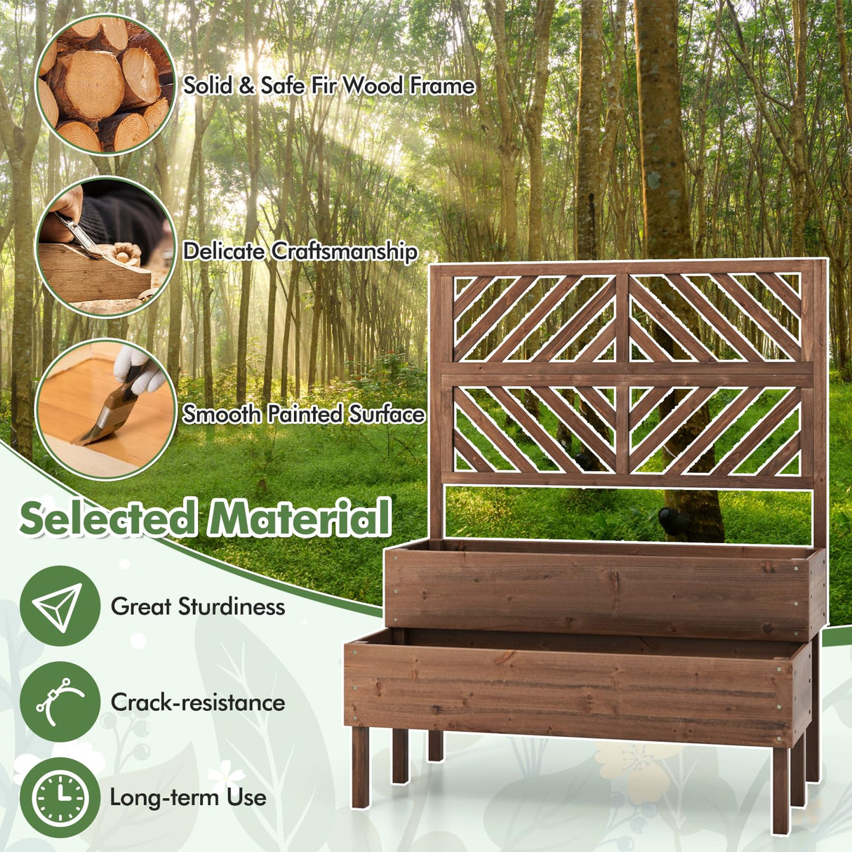 Toolsempire Raised Garden Bed with Trellis & 2 Planter Boxes, 2-Tier Outdoor Wooden Elevated Planter Box with Legs & Drainage Holes, Gardening Planter for Flowers, Herbs, Vegetables & Fruits(Brown) Toolsempire