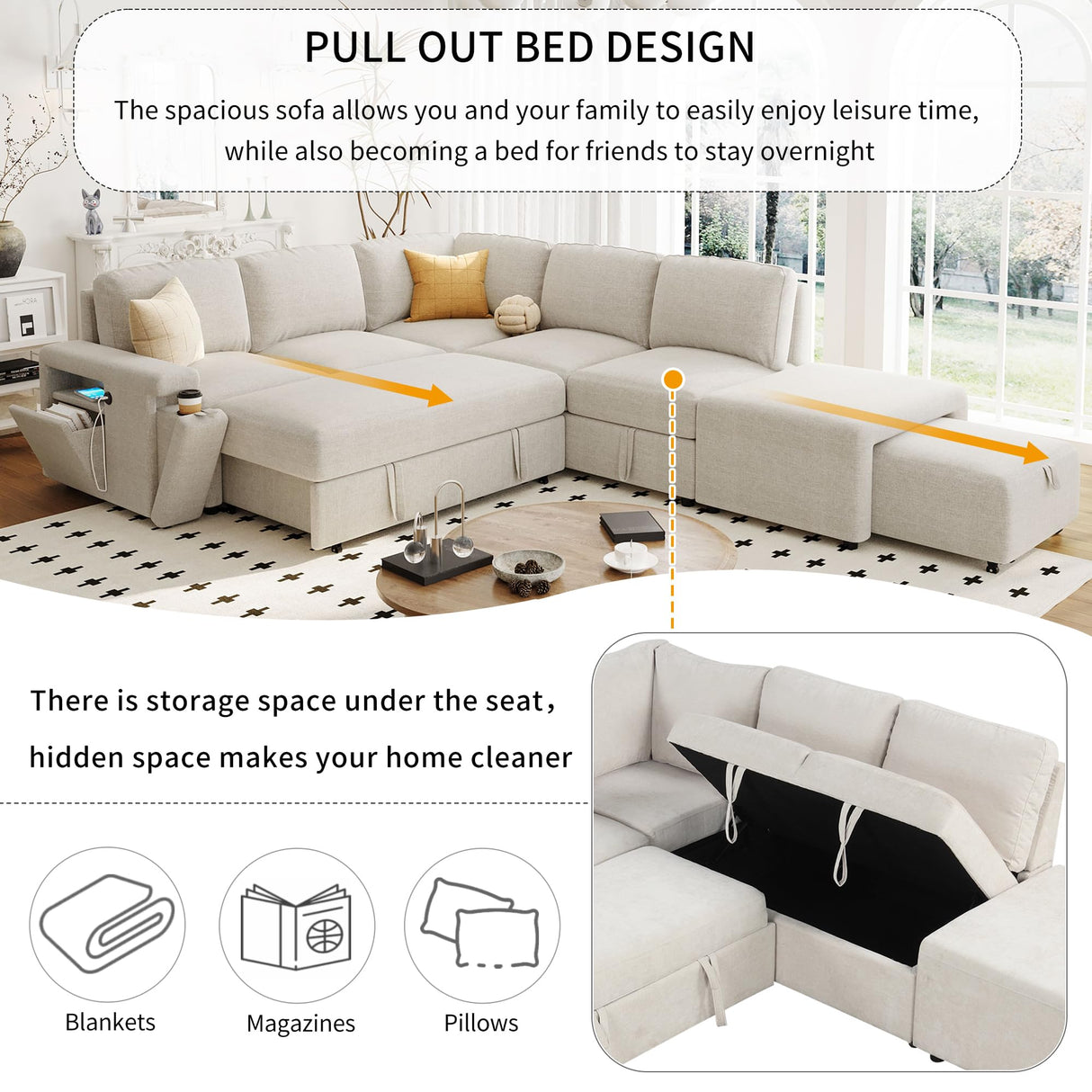 Merax L-Shaped Sectional Sofa with Removable Storage Ottoman, USB Ports and Cup Holder, Upholstered Modular Couch & Armrest, Free Combination Indoor Furniture for Living Room, Apartments, Beige Merax