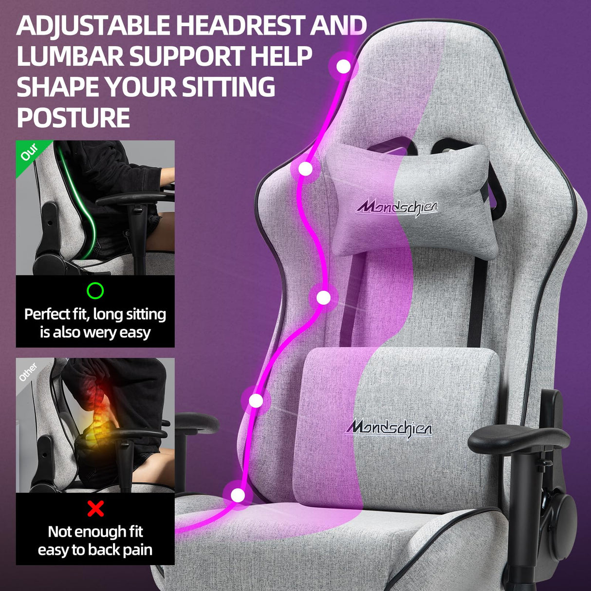 Mondschein Gaming Chair with Pocket Spring, Fabric Office Chair Massage Computer Chair with Footrest, High Back Ergonomic Reclining Desk Chair Racing Game PC Chair Adjustable Armrest Headrest (Grey) Mondschein