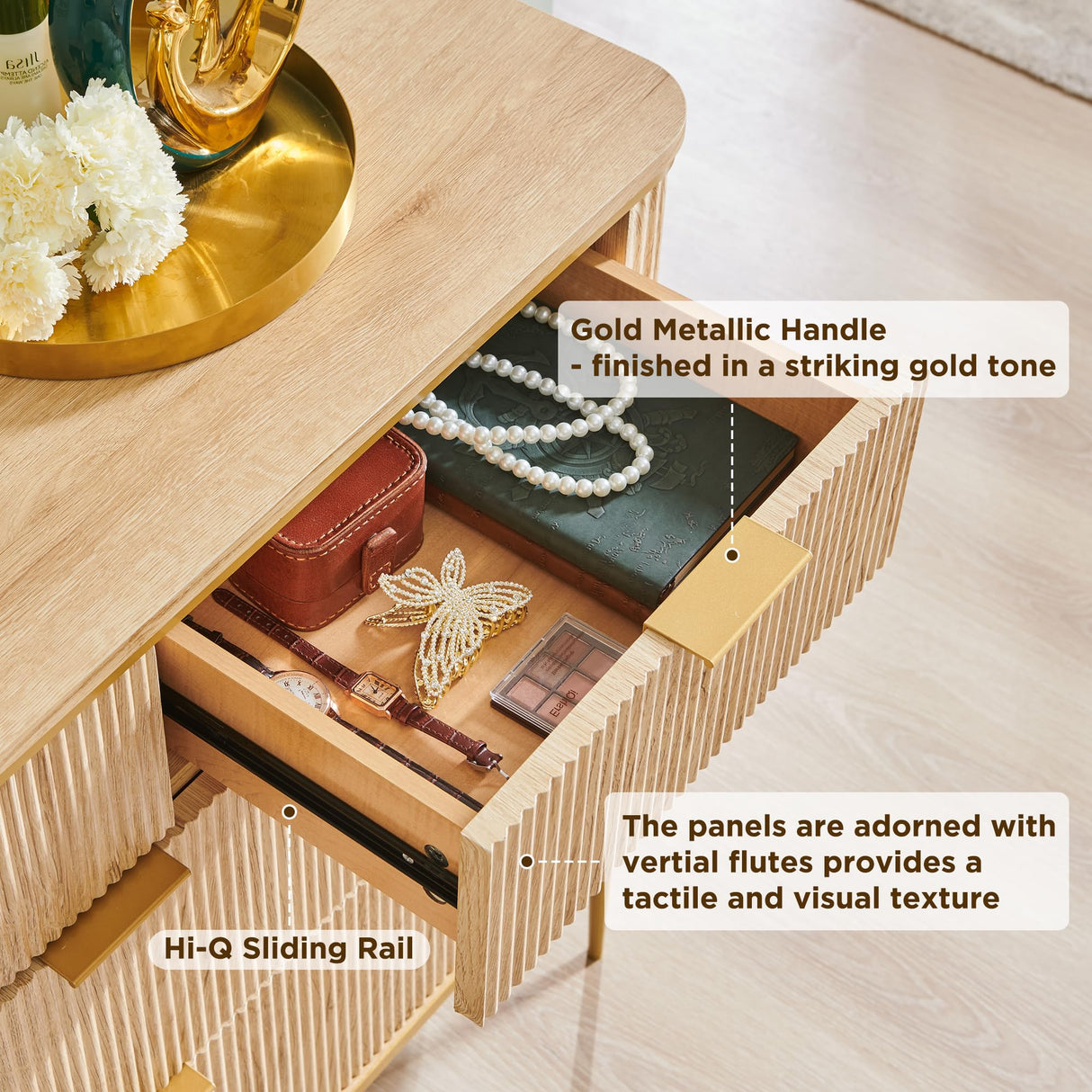 T4TREAM Fluted 7 Drawers Dresser for Bedroom, 54" Wide Modern Dresser TV Stand, Gold Accents, Fluted Fronts, Wood Storage Dressers Organizer for Bedroom, Living Room, Natural Oak T4TREAM