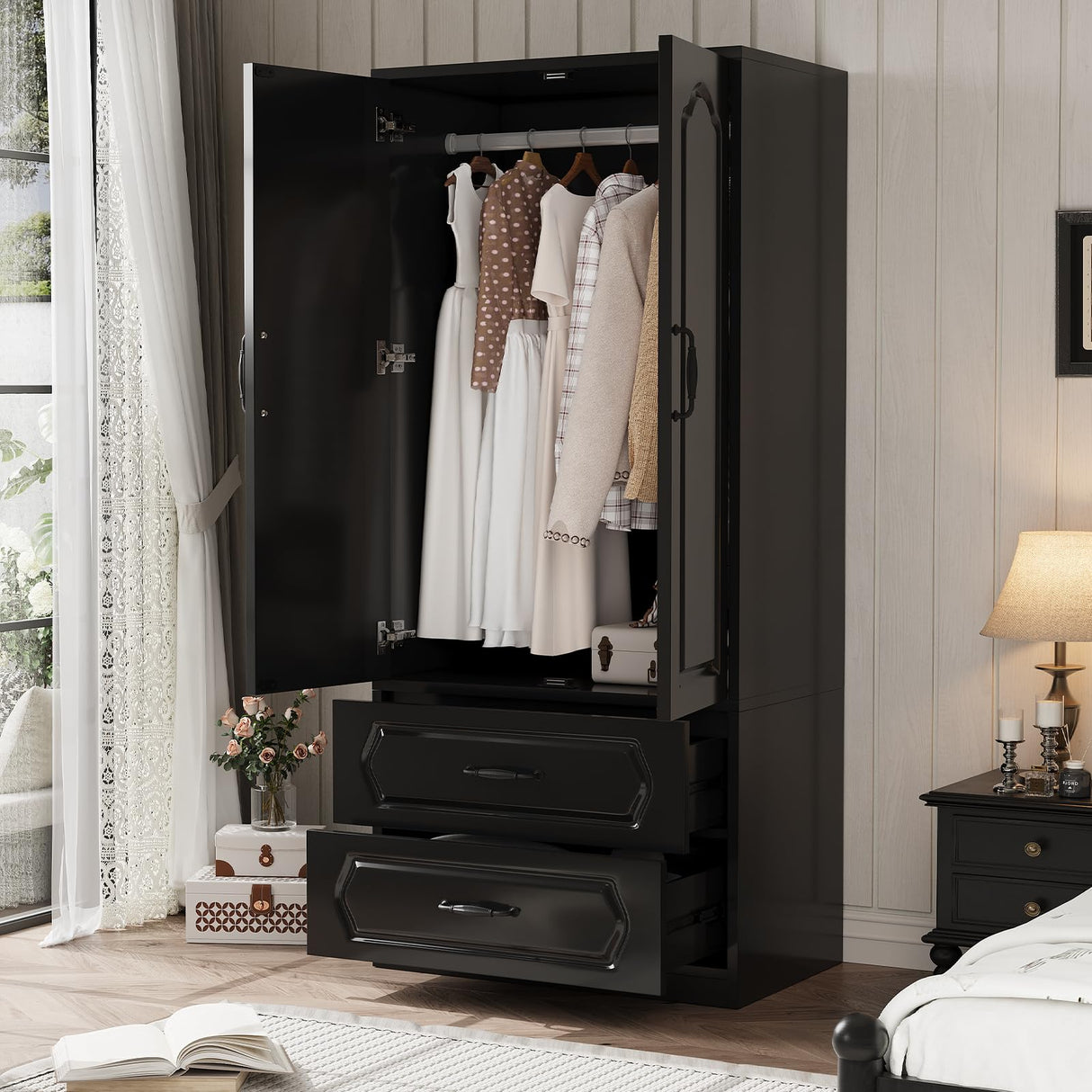 Swpormundo Wardrobe Closet with Drawers and Hanging Rod, 70" Wooden Wardrobe Closet with 2 Doors and 2 Drawer, Armoire Clothing Storage Cabinets with Smooth Slide for Bedroom, Dorm, Cloak Room (Black) Swpormundo