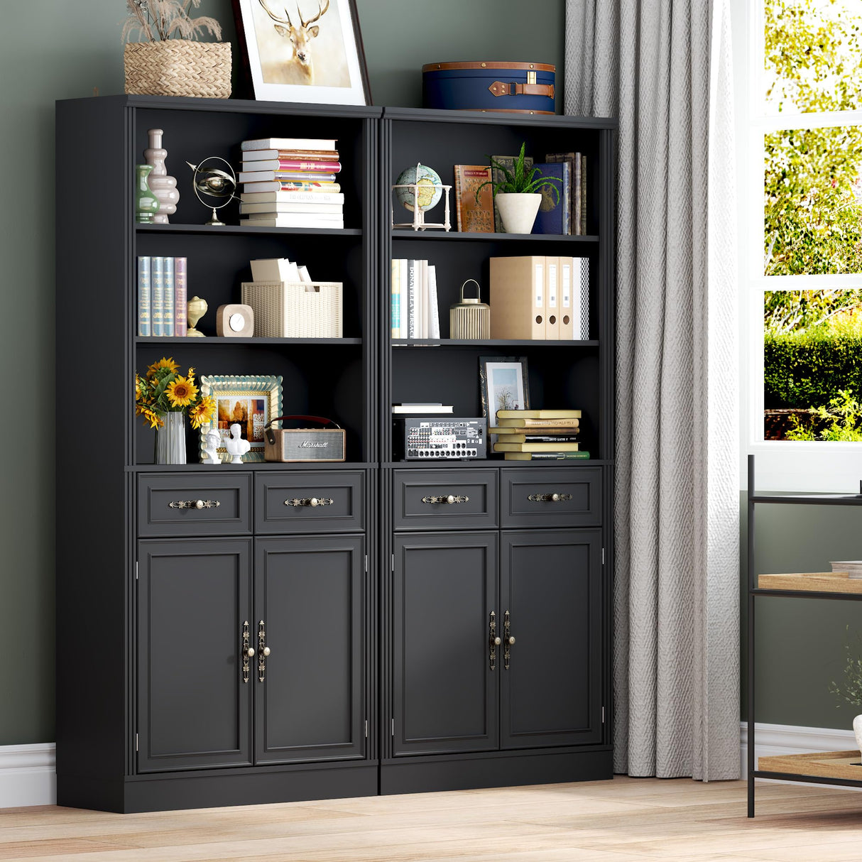 BORNOON 71.4" Tall Bookshelf with Drawers & Cabinet, 5-Tier Floor Standing Bookcase with Storage Doors, Adjustable Shelves & Metal Handles, 31.5" Wide Organizer for Home Office, Living Room BORNOON