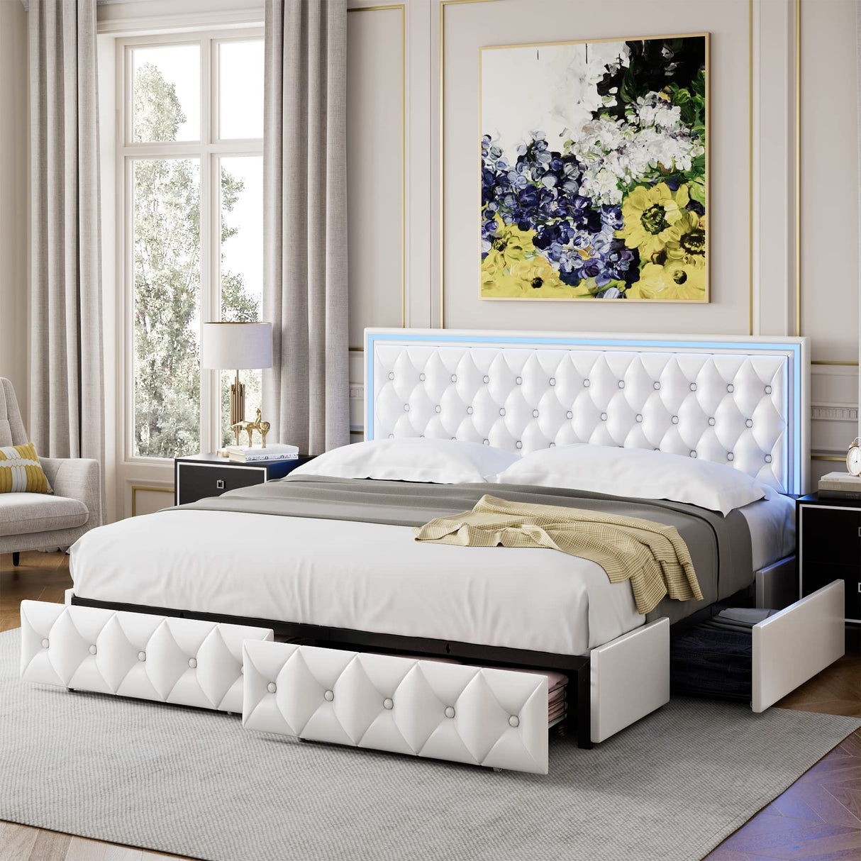 Keyluv King Upholstered LED Bed Frame with 4 Storage Drawers and Adjustable Tufted Headboard in White Keyluv