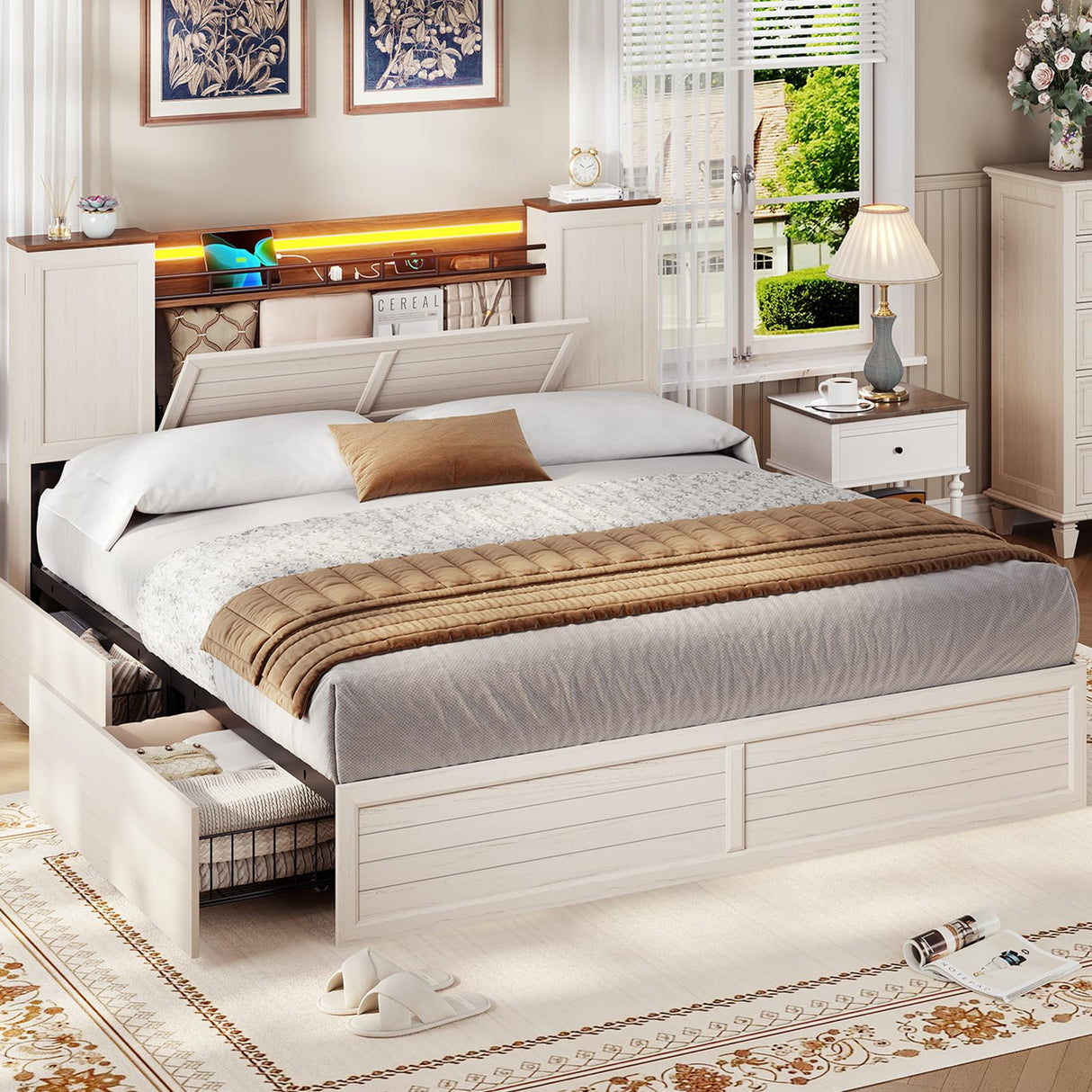 VIAGDO Farmhouse King Bed Frame with Headboard and Double Barn Door Storage Cabinets, Rustic Wooden Bed Frame King Size with Charging Station, 4 Drawers and LED Lights, No Box Spring Needed, White VIAGDO