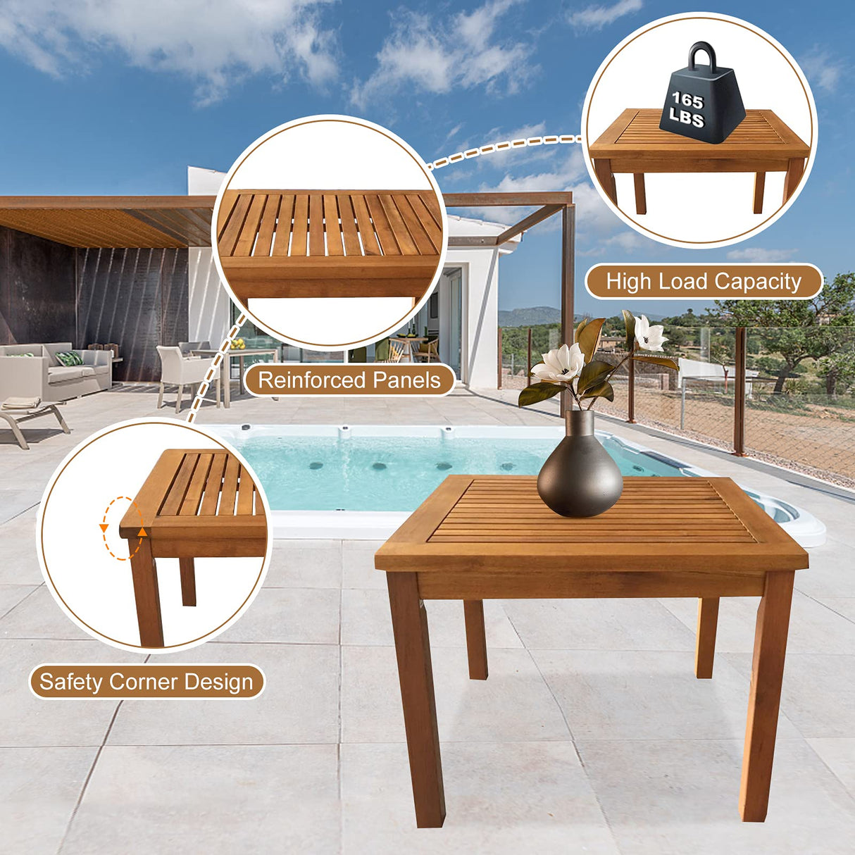Dkeli Wood Patio Bistro Set 3 Pieces Outdoor Patio Furniture Set Table and Chairs Acacia Wooden Conversation Table Sets Sofa Chair with Padded Cushions for Garden, Backyard, Poolside, Balcony Dkeli