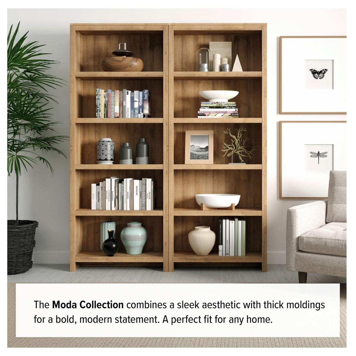 Prepac Moda 5-Tier Tall Wooden Bookcase, Oak Storage Cabinet, Display Cabinet, Bookshelf with Storage Shelves 31.75" W x 80" H x 12" D for Home Office, Living Room, Bedroom Organizer Prepac