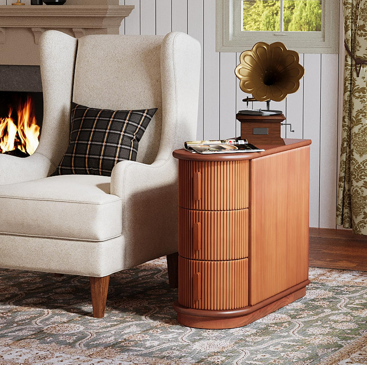 Tribesigns Solid Wood End Table, 3-Drawer Modern Sofa Side Table, Narrow Chair Side Table Slim Nightstand for Living Room, Bedroom, Finished Back, No Assembly Required, Walnut(Set of 2) Tribesigns