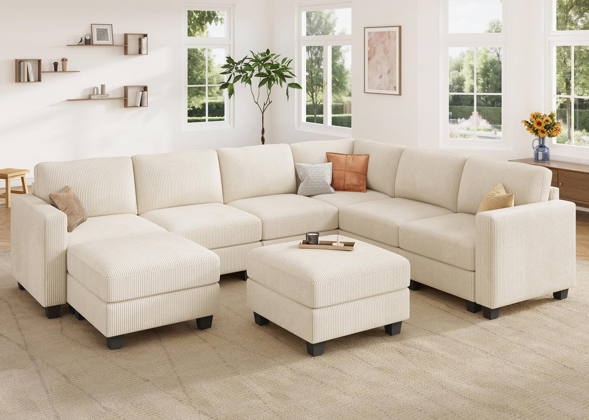 HONBAY Corduroy Sectional Couch with Storage U Shaped Sectional Sofa Modular Sectional Couches for Living Room, Beige HONBAY