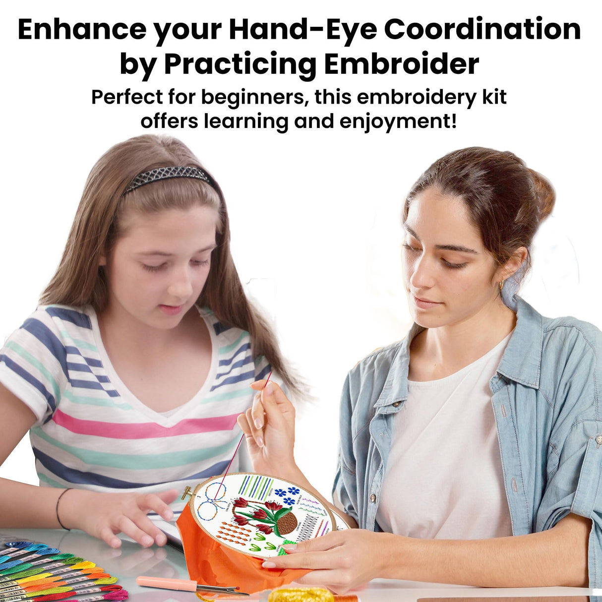 Moni Crafts Embroidery Kit for Beginners – DIY Hand Embroidery Set for Adults and Kids with 4 Stamped Patterns, Hoop, Threads, Needles and Step-by-Step Stitch Guide to Learn 33 Stitches Moni Crafts