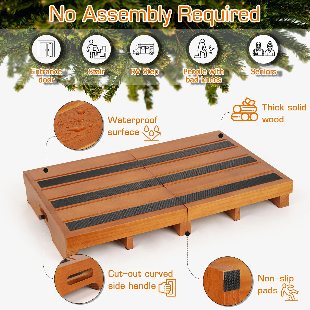 Wooden Step Stool, 3.5" One Step Stool, Non-Slip Outdoor Steps, Heavy Duty Wooden Platform Mobility Step, Half Steps for Seniors Adults with Bad Knee, No Assembly Required Tohiasen