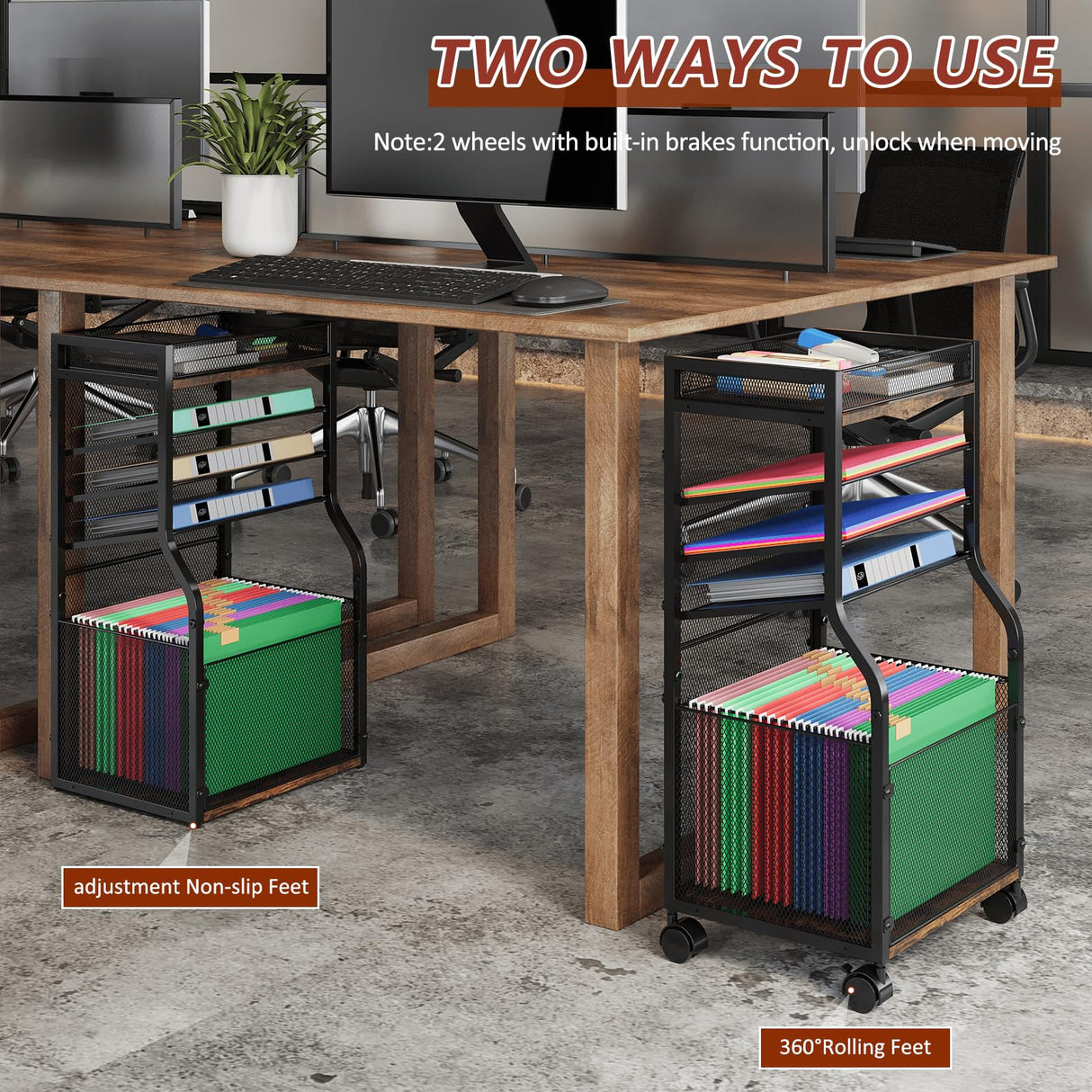 3IngSeagulls 5-Tier Rolling File Cart with Hanging File Folders, Mobile Desk File Organizer on Lockable Wheels, Wood & Mesh Paper Letter Sliding Trays Organization for Office, Home, School, Patent 3IngSeagulls