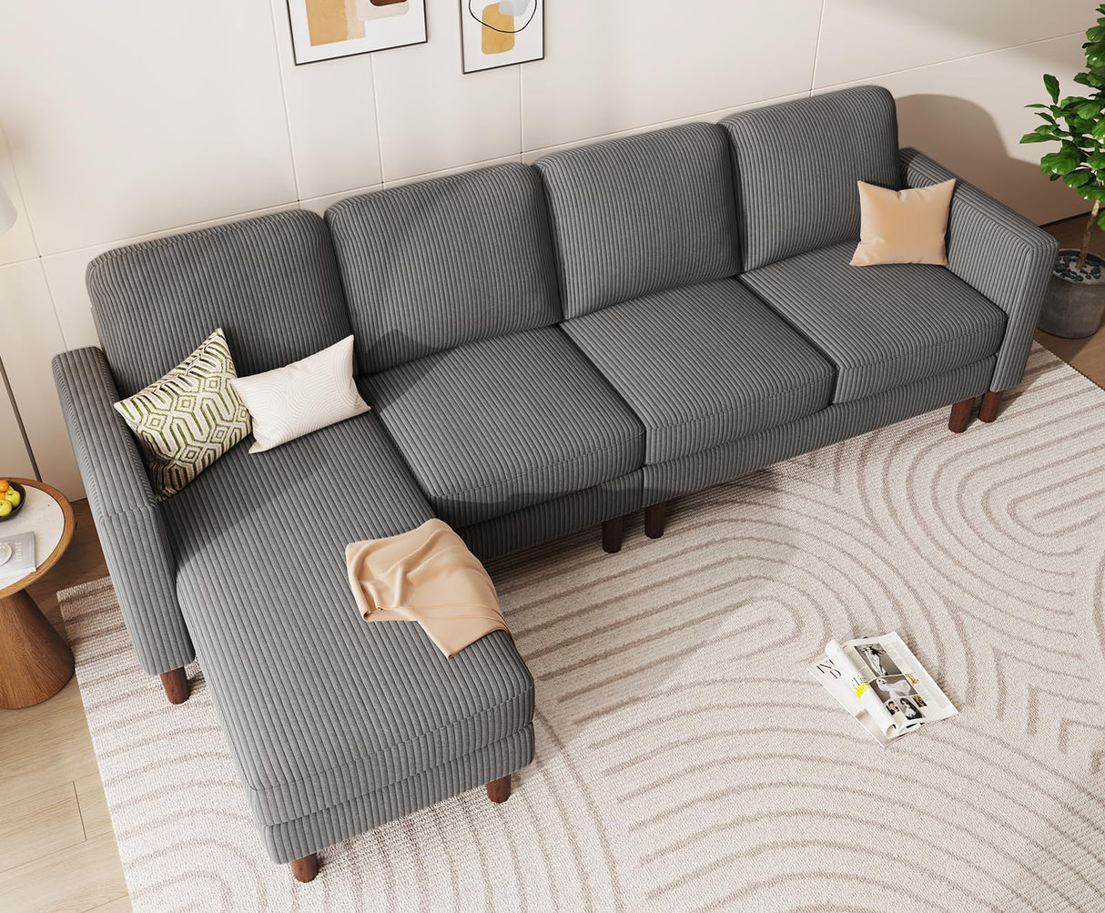 KKL L Shaped Sectional Couches for Living Room, Corduroy Sofa Couch with Convertible Chaise, 4 Seat Comfy Couch for Apartment, House, Dark Grey (Grey, 100 inches) KKL