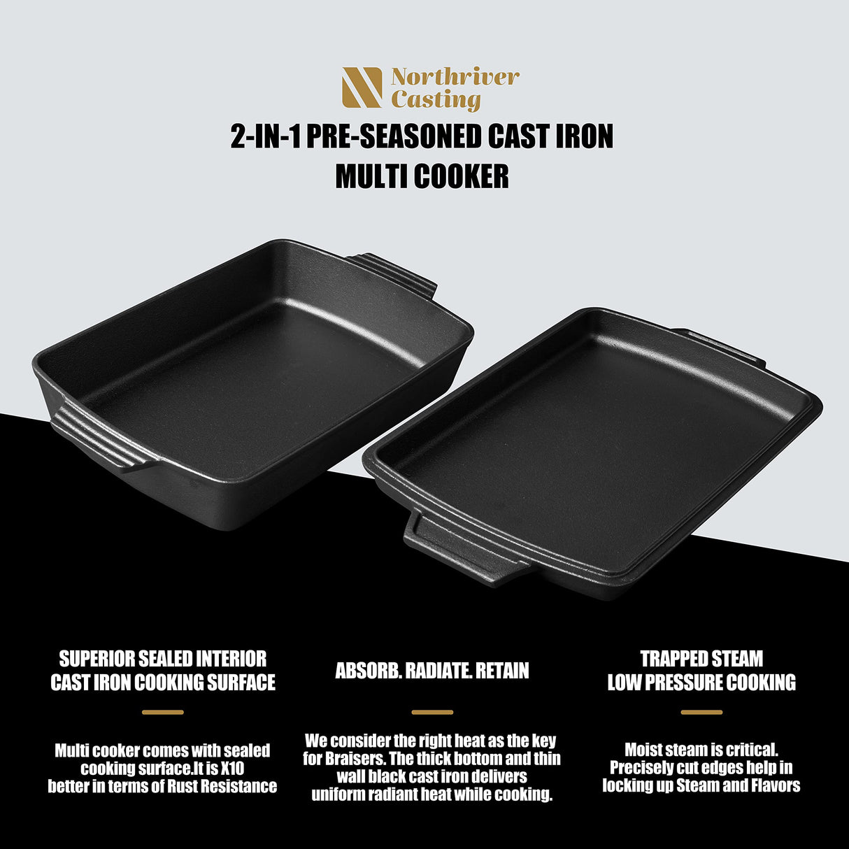 2-In-1 Pre Seasoned Cast Iron Dutch Oven With Skillet Lid,Casserole Dish,Rectangular Baking Pan,Griddle Pot Set, 6QT, 9"x13" Northriver Casting