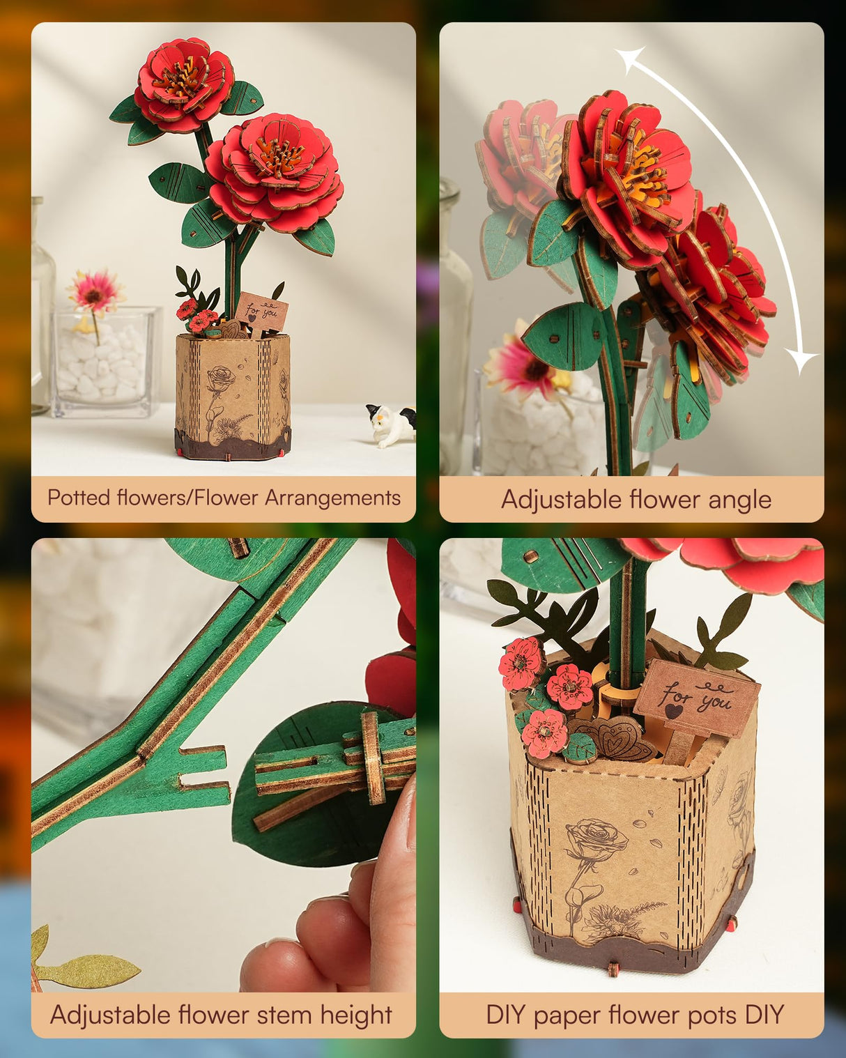 ROBOTIME 3D Puzzle Wooden Flower Red Camellia DIY Model Kit to Build for Adults Artifical Bouquet Collection Craft Brain Teaser Puzzle Creative Gift Home Decor ROBOTIME