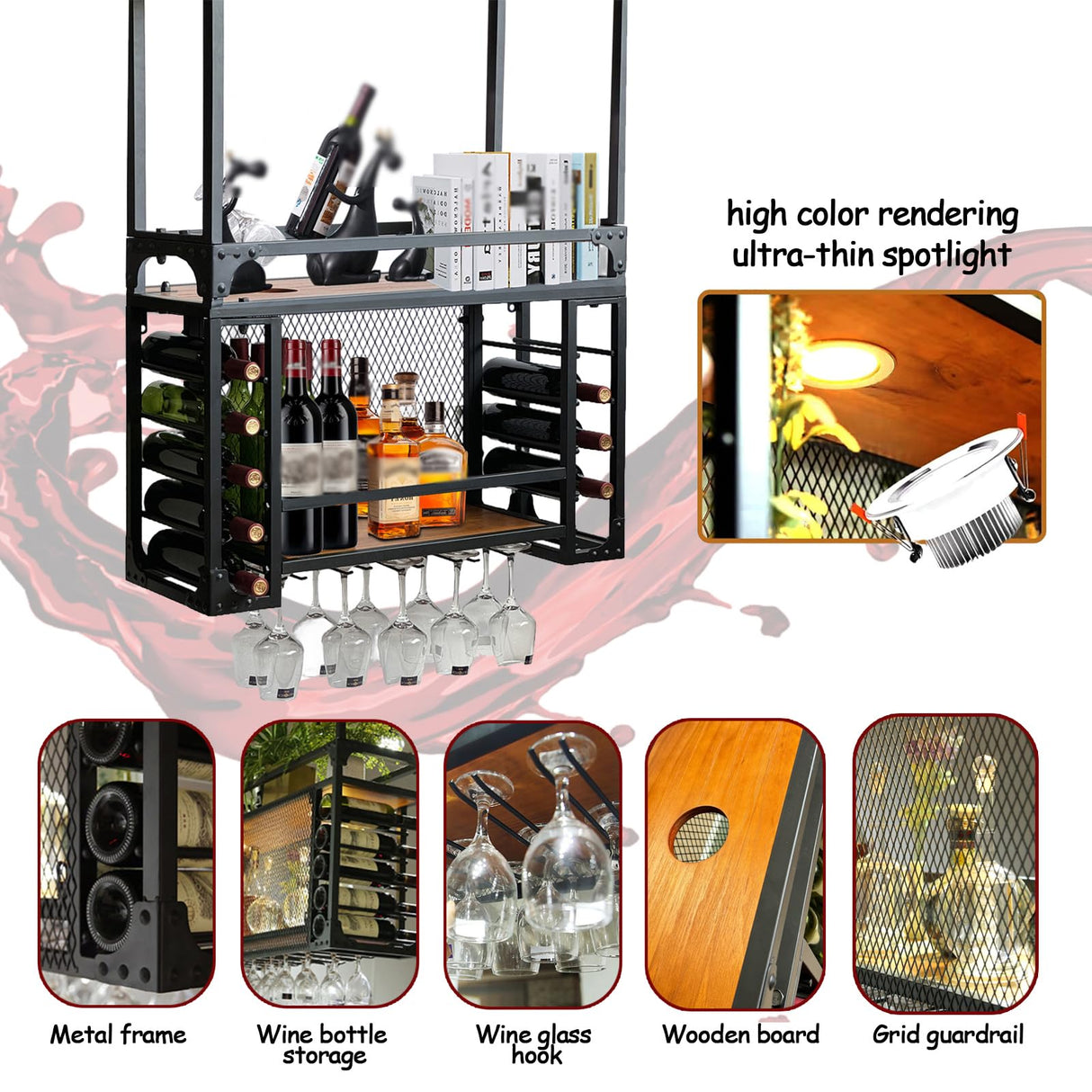 RAJYQODIS Hanging Metal Wine Rack with LED Light, 2 Tier Rustic Industrial Wine Glass Holder, Multifunctional Bar Liquor Bottle Display Storage, Wall Mounted/Hanging Installation (47.24in/120cm) RAJYQODIS