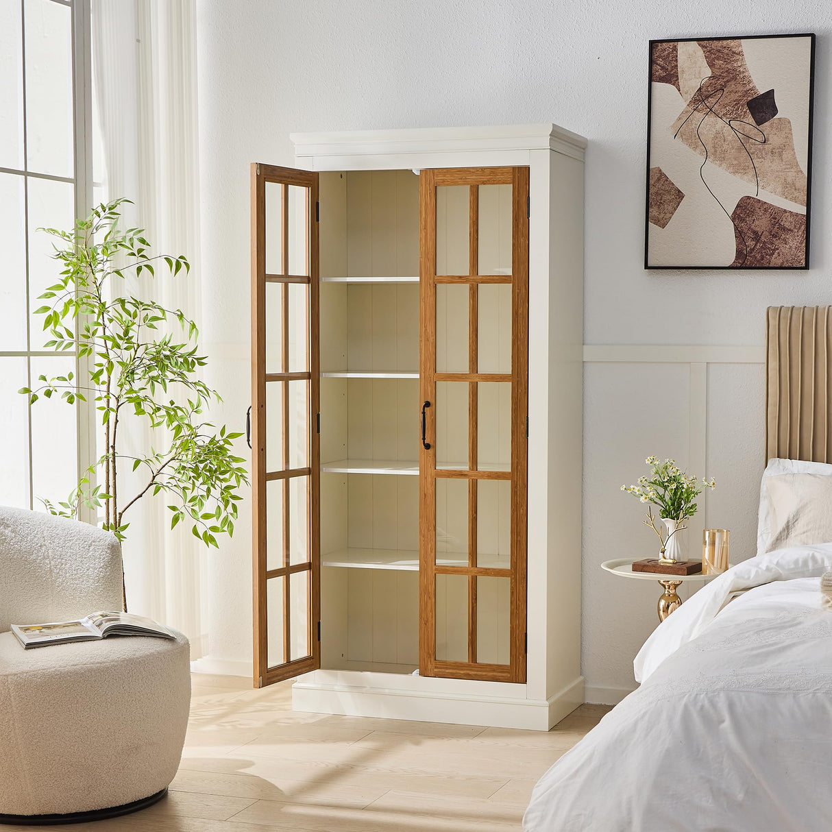 Polibi 71.2" Rustic Display Cabinet with Glass Doors - Curio China Cabinet for Collectibles, Books & Decor, Adjustable Shelves, Fits Living Room, Kitchen, Hallway or Office, White+Brown Polibi