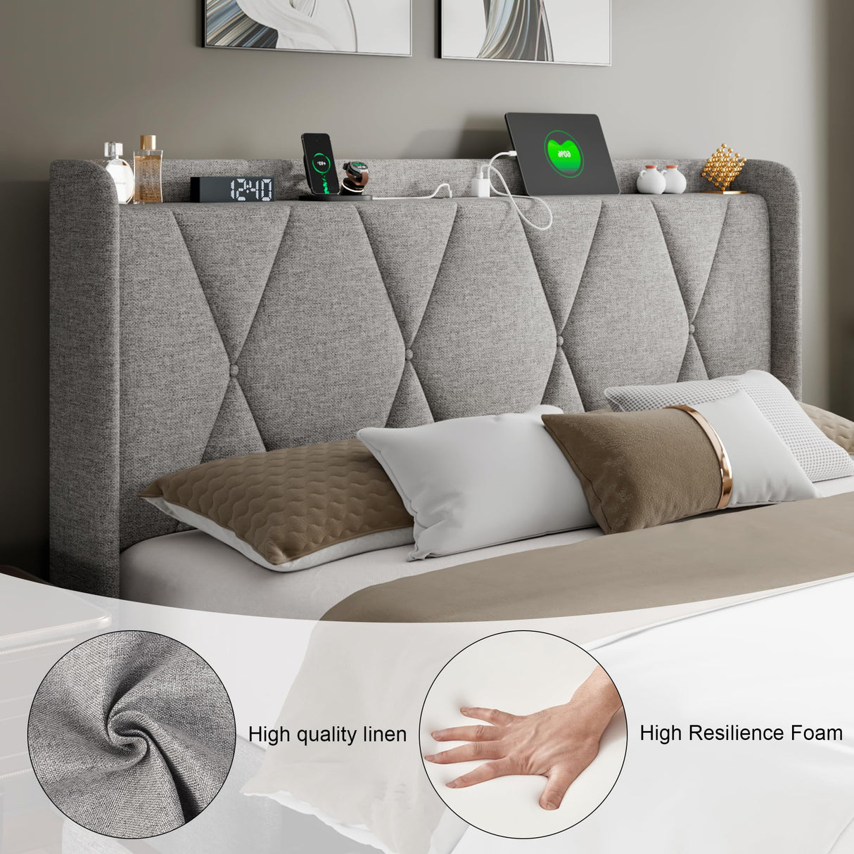 Feonase Full Bed Frame with 4 Storage Drawers, Upholstered Button Tufted Storage Headboard with Fast Charging Station, Heavy Duty Slats Support, No Box Spring Needed, Noise-Free, Light Grey Feonase