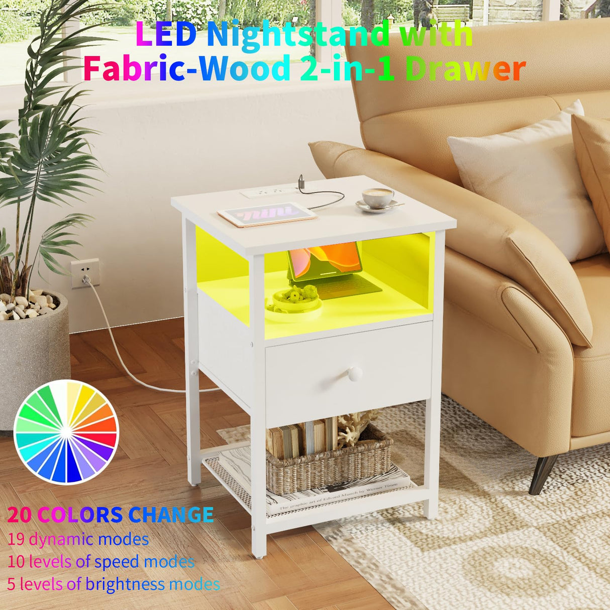 HDDDZSW LED Nightstands set of 2 with Charging Station, Bedside Tables with USB Ports and Outlets, End Table with Fabric-Wood 2-in-1 Drawer for Small Spaces, White Side Table for Bedroom, Living Room HDDDZSW