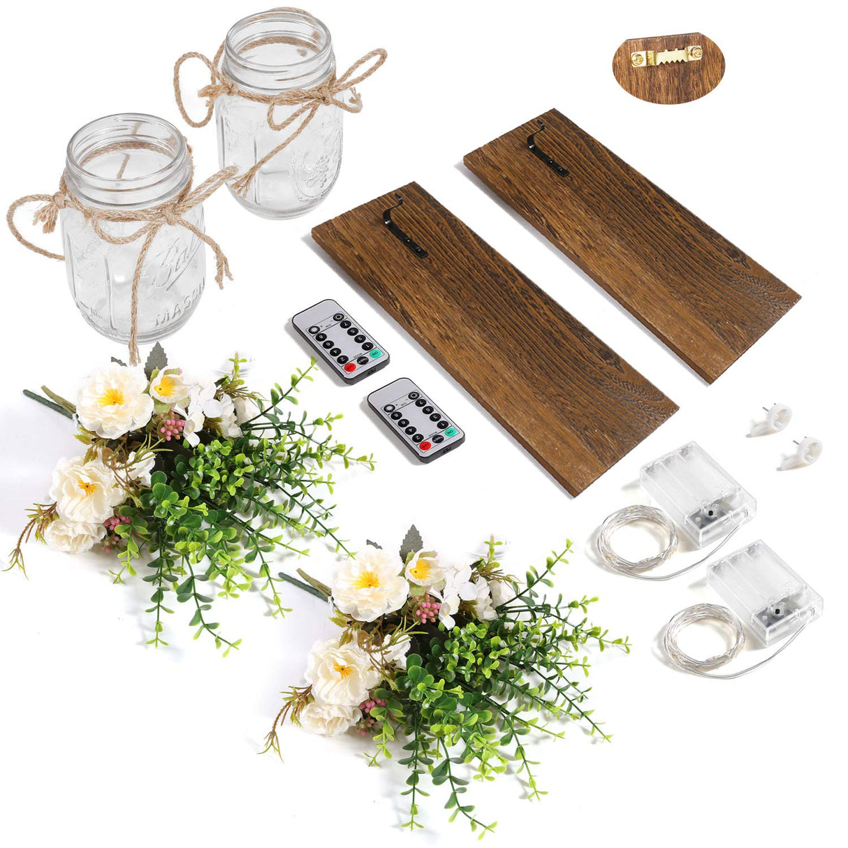 Rustic Wall Sconces Mason Jar Sconces Handmade Wall Art Hanging Design with Remote Control LED Fairy Lights and White Peony,Christmas Decor Gift Farmhouse Wall Home Decor Living Room Lights Set of Two Homecor