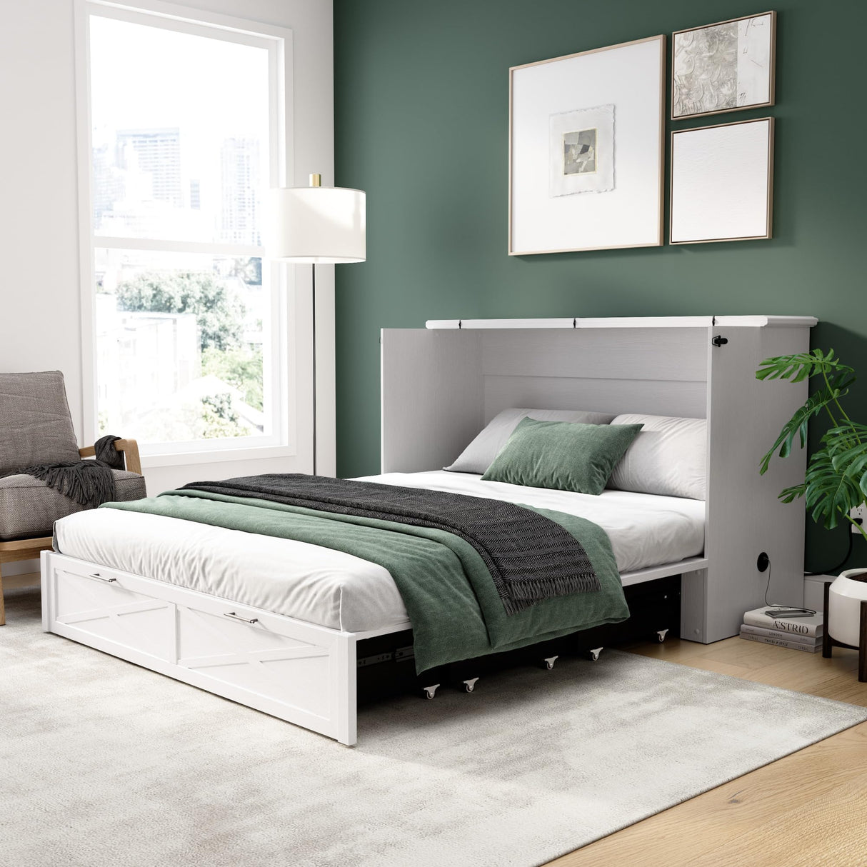 Bestar Murphy Cabinet Bed 65-inch Queen with Pullout Drawer for Bedroom, Guestroom, Key West Collection, Modern, White Bestar