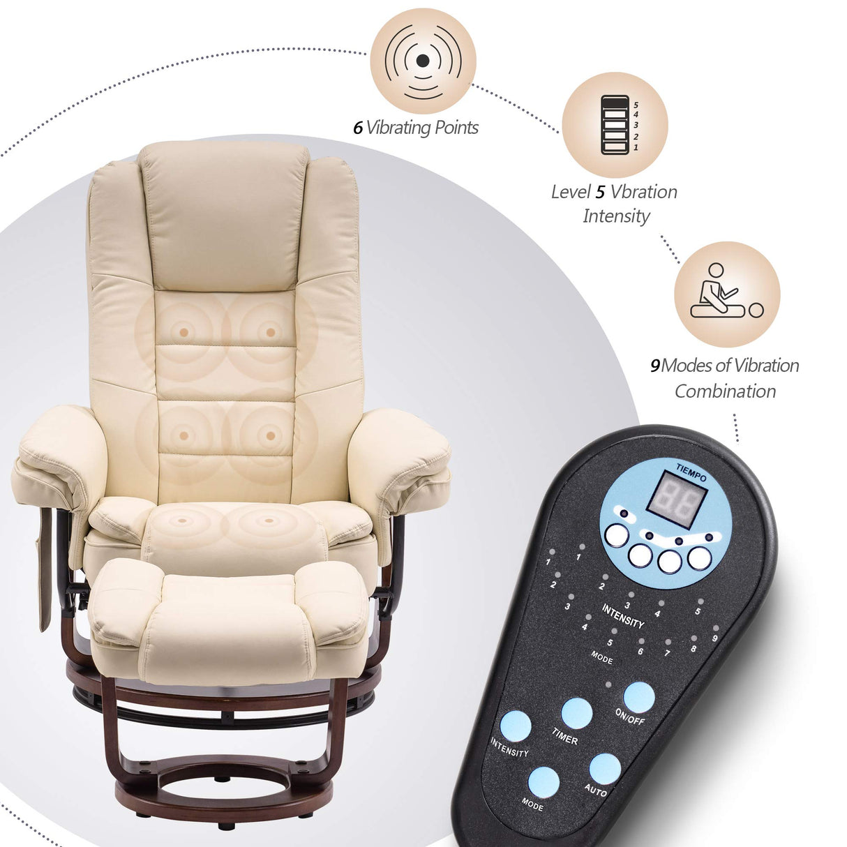 MCombo Swivel Recliner with Ottoman Chair, TV Chair Sets with Vibration Massage, for Small Space Living Room Bedroom 9096 9099 (Faux Leather, Cream White) MCombo