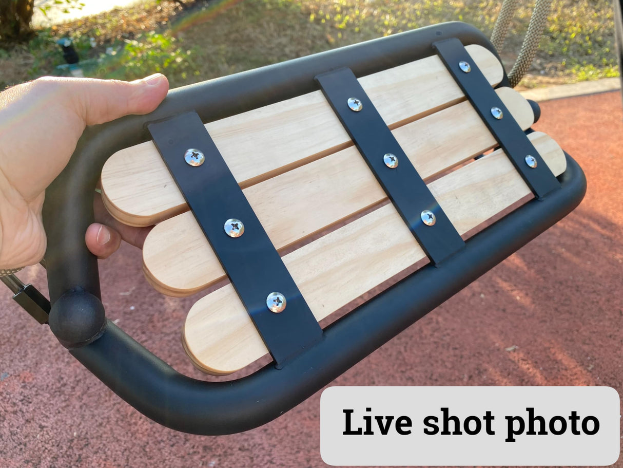 SELEWARE Hanging Wood Swing Seat Tree Swing for Kids, 100% Polyester Weather Proof Rope Heavy Duty Steel Tubing Structure Backyard Swing Set Replacement SELEWARE