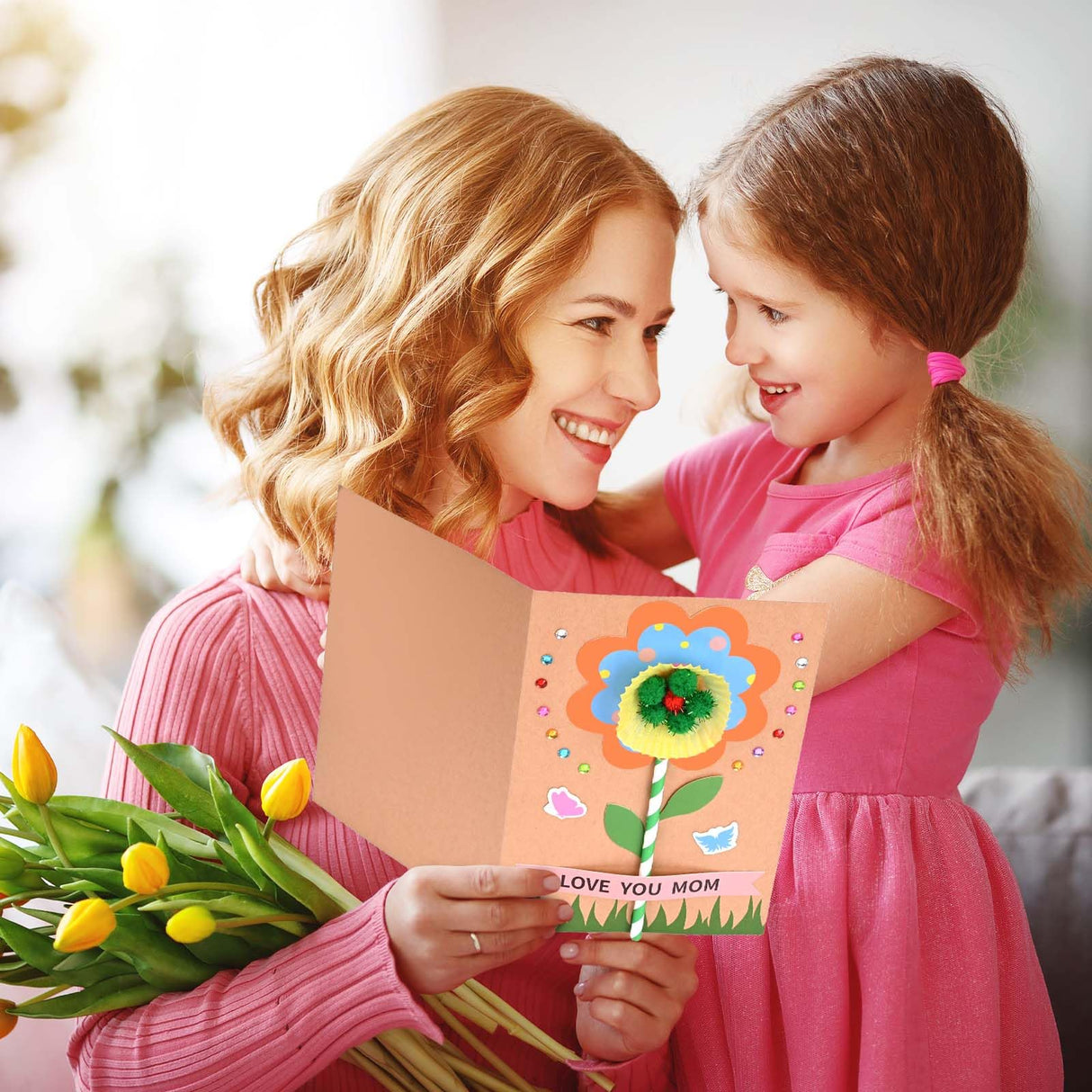 24 Sets Mother's Day Flower Card Craft Kit for Kids Spring DIY Flower Greeting Card Set Happy Mother's Day Card Making Kit for Mom Gifts Classroom School Home Activities Sanixin
