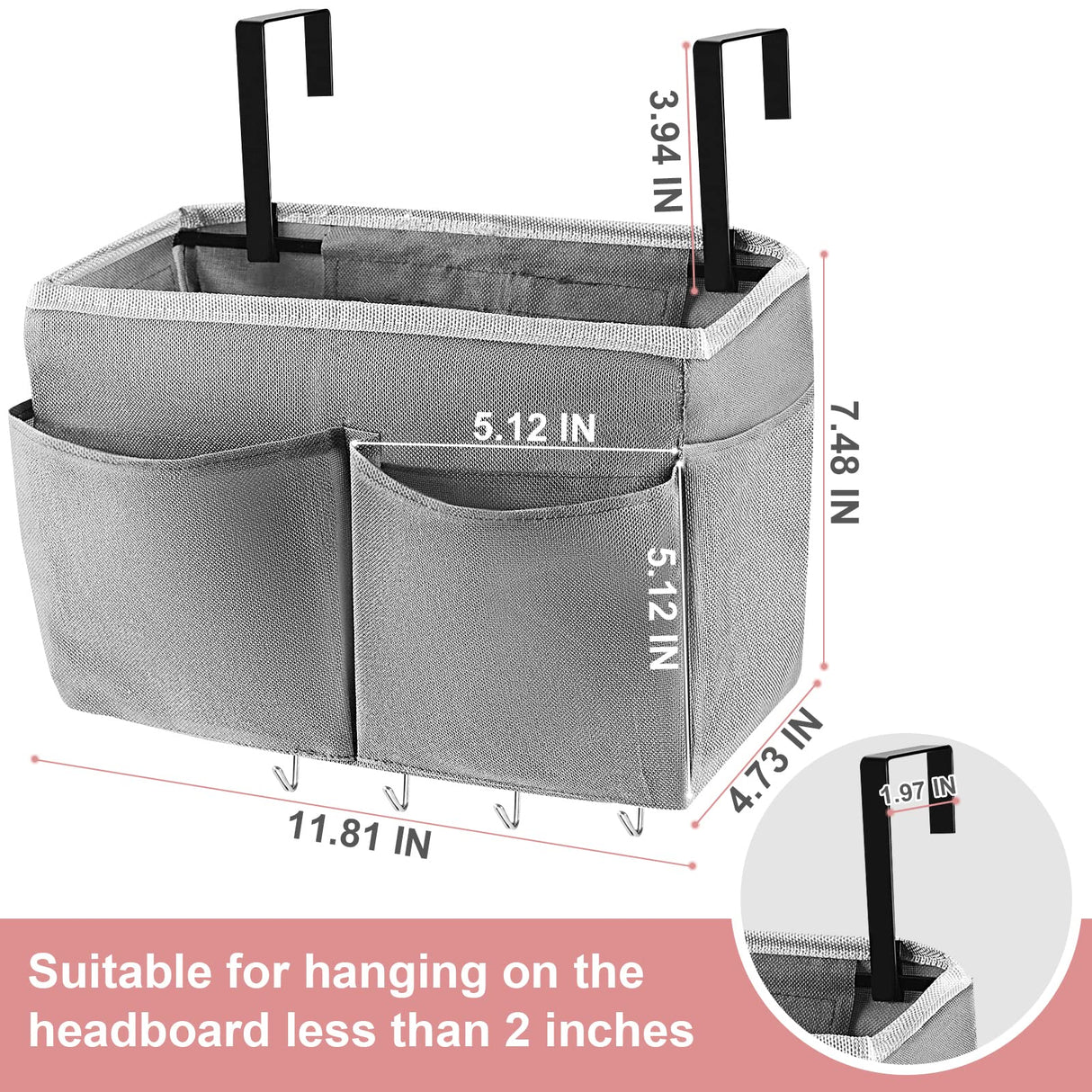 Retyion Bedside Storage Bag with 4 Hooks Multi-Function Hanging Organizer Caddy for Headboards Bunk Bed Hospital Bed (Grey) Retyion