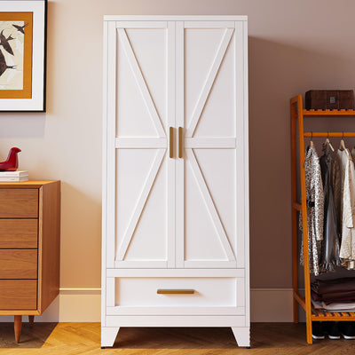 Washsemba 71'' Farmhouse Metal Wardrobe Cabinet with Hanging Rod, 2 Barn Door Wardrobe Closet with Adjustable Shelves,Drawer,for Dining Room,Bedroom,Living Room, Cloak Room,Office (White)