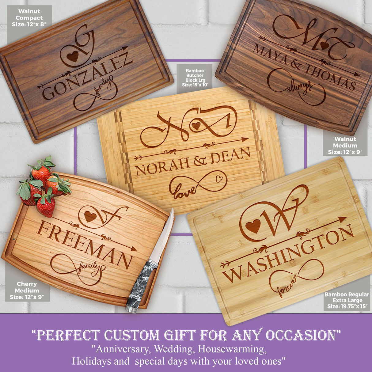 Tayfus Engraved Personalized Wood Cutting Boards - Serving Block Made For Great Custom Gifts - Best Christmas, Wedding, Anniversary, Bridal Shower, Housewarming, New Home Gift Idea. Handcrafted in USA Tayfus