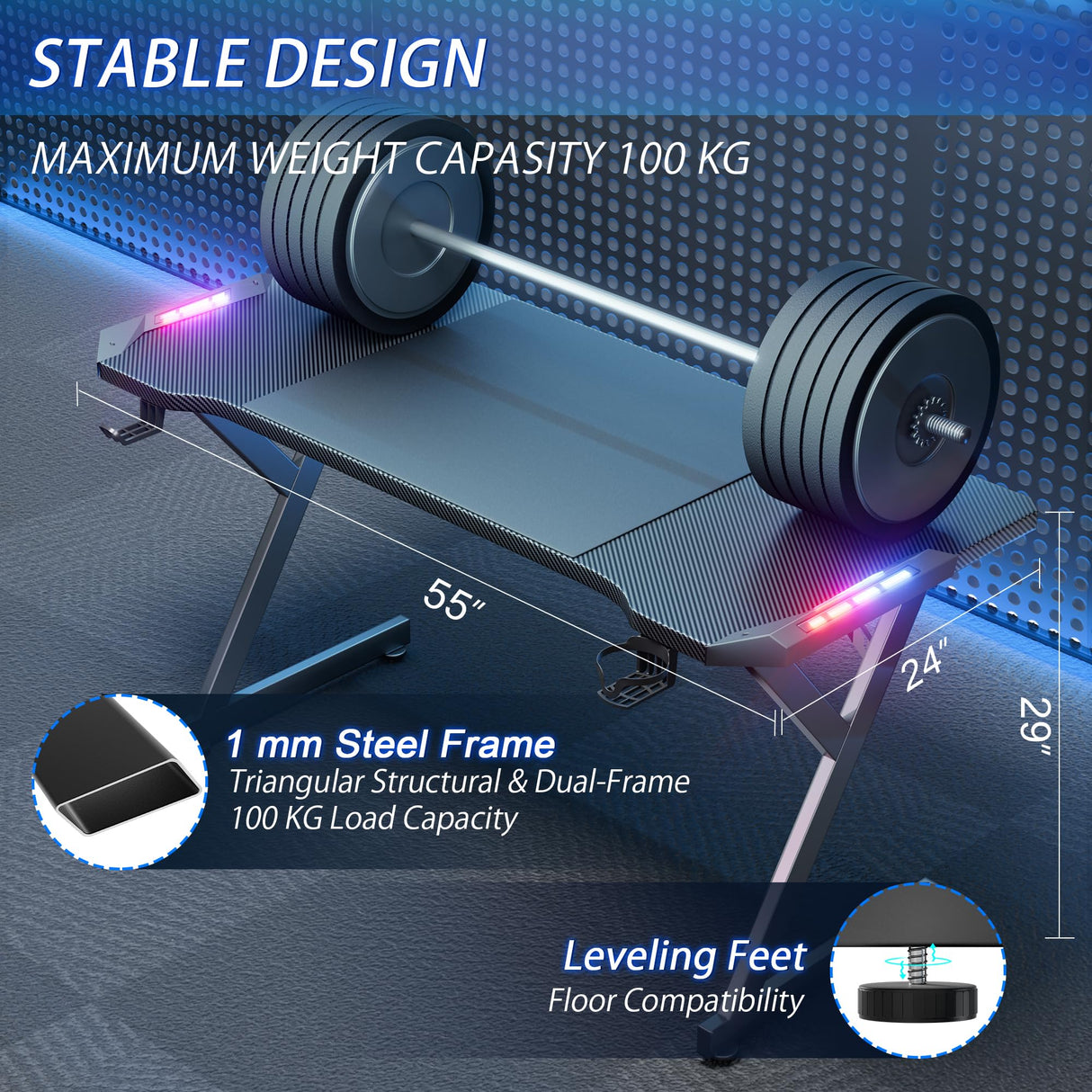 HLDIRECT 55 Inch Gaming Desk with LED Lights, Ergonomic Computer Gaming Table with Carbon Fibre Surface, Sturdy PC Workstation Desk for Gaming and Home Office with Headphone Hook, Cup Holder, Black HLDIRECT