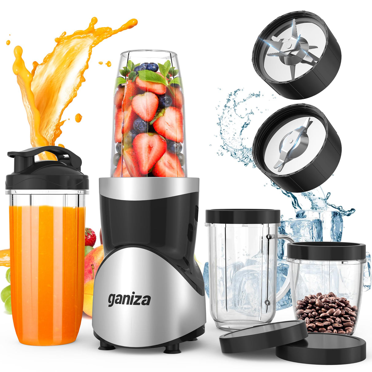 Ganiza Smoothie Blender, Blender for Shakes and Smoothies, 15-Piece Personal Blender and Grinder Combo for Kitchen, Smoothies Maker with 4 BPA-Free Portable Blender Cup, Nutritious Recipe, MAX 900W Ganiza