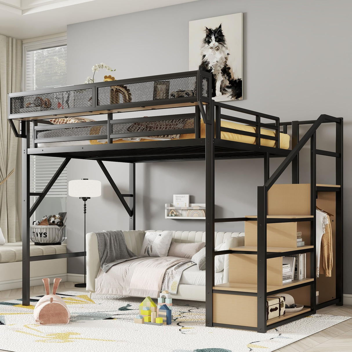 Mirightone Queen Size Loft Bed with Stairs and Storage, Metal Loft Bed Frame with Bedside Shelf and Large Under-Bed Space, Heavy-Duty Bed for Adults Teens and Kids, Black Mirightone