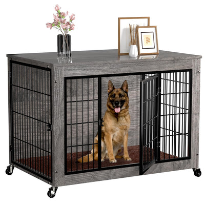 PRETZI Dog Crate Furniture with Cushion,38" Wooden Dog Crate nightstand with Double Doors, Grey Dog Kennel Indoor with Wheels, Decorative Pet Dog House for Small Medium Large Dog