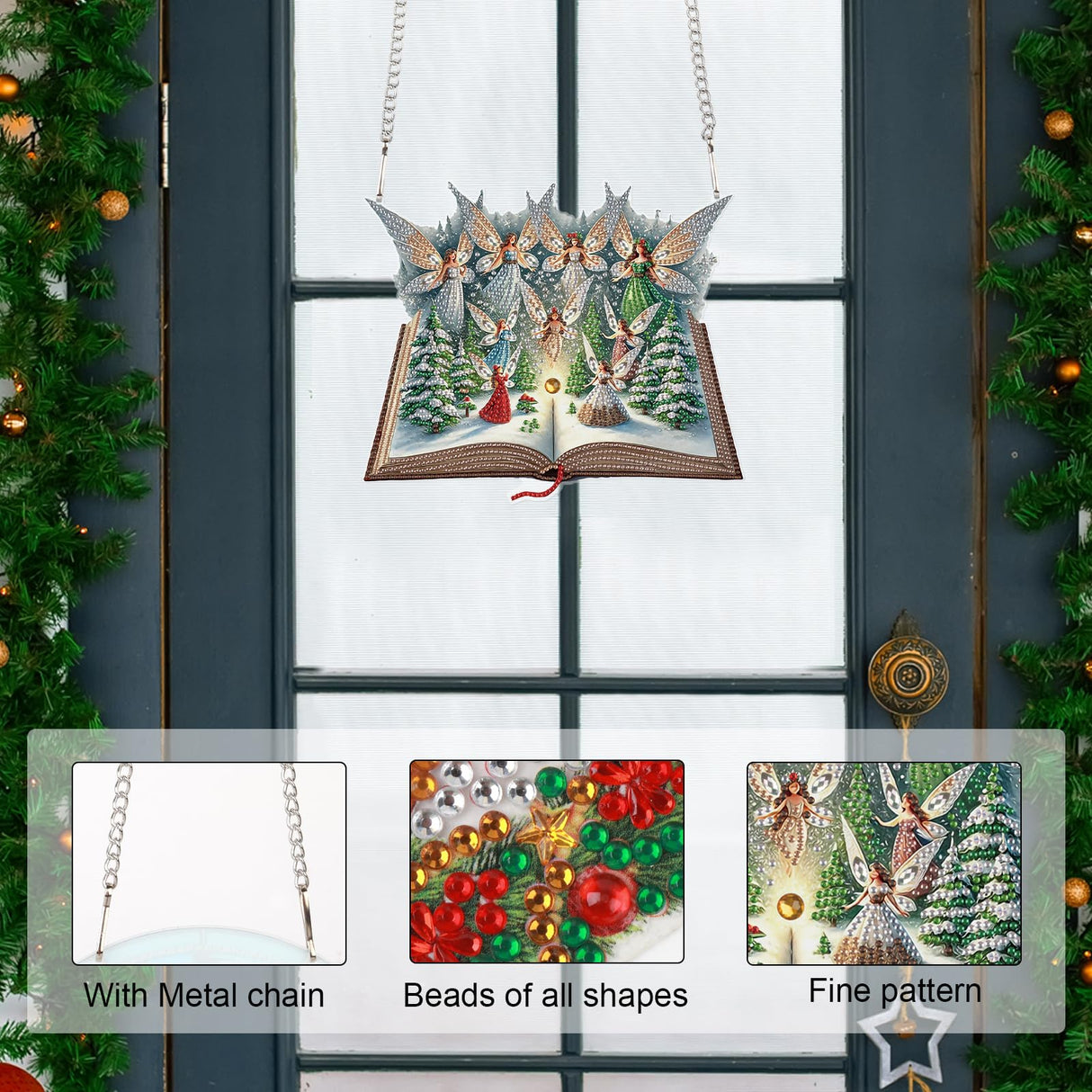5D Christmas Diamond Painting Pendant Kit, Magic Book with Flying Elf and Snowy Forest, DIY Crystal Diamond Art Hanging Sign for Window, Door & Wall, Fantasy Home Decoration Gift, 24.1 x 20.4 cm AiYuanzsh