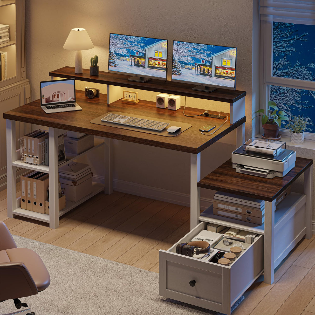 EnHomee 63" Farmhouse Style Computer Desk with Drawers and LED Lights, Storage Shelves and Power Outlets, Home Office Desks with Long Monitor Stand for Work, Study, Writing, Antique White. EnHomee