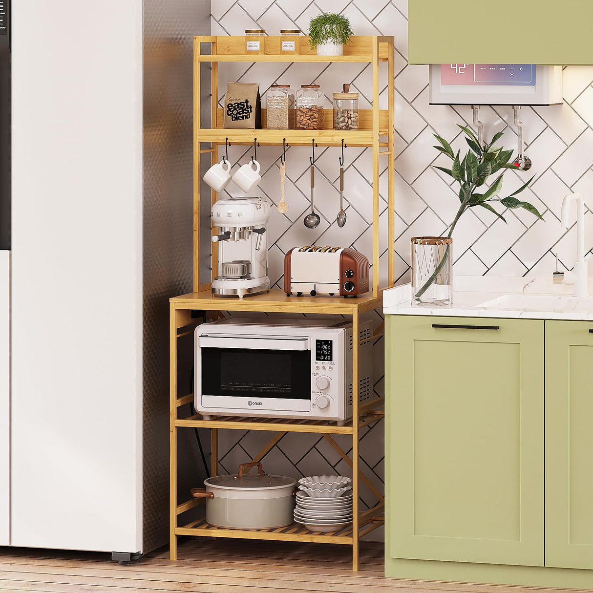 Trironsun Bamboo Bakers Rack with Charging Station 5-Tier Microwave Stand with Open Storage Shelves with 10 S-Shaped Hooks Coffee Bar Table Kitchen Utility Storage Shelf (Nature) Trironsun