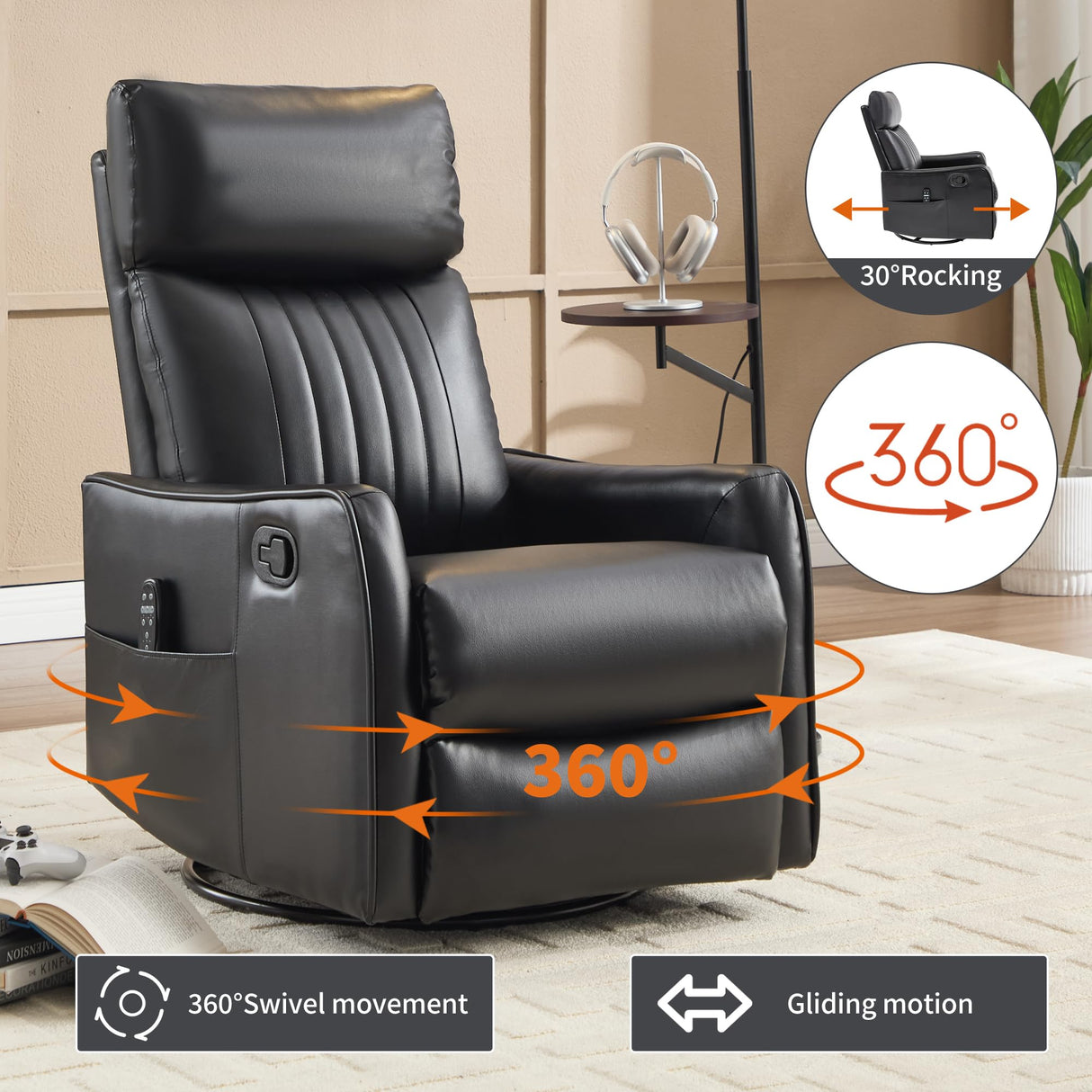 PELUMY Recliner Chair Swivel Rocking with Heat Massage - 360° Manual Recliner, 8-Point Vibrating & Lumbar Heat, Easy Assembly Chair for Living Room (Breathable Leather, Black) PELUMY