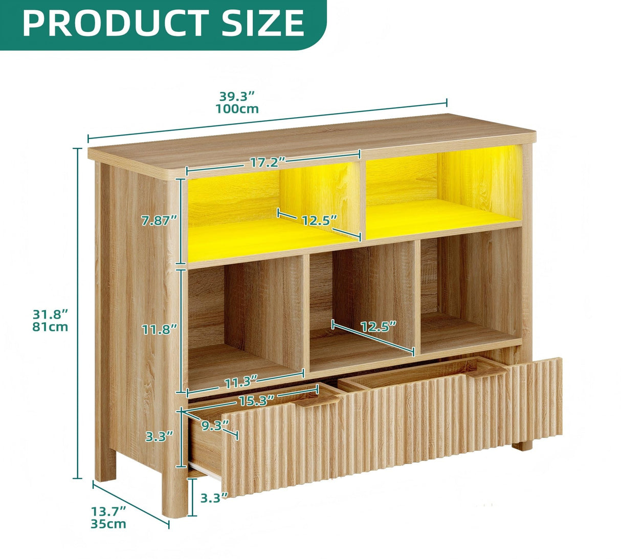 YITAHOME Bookcase with Drawers, Fluted Wood Cubby Storage Organizer Shelf Cube Bookshelf with Adjustable LED Lighting, Modern Horizontal Bookshelf for Living Room, Office, Entryway, Oak YITAHOME